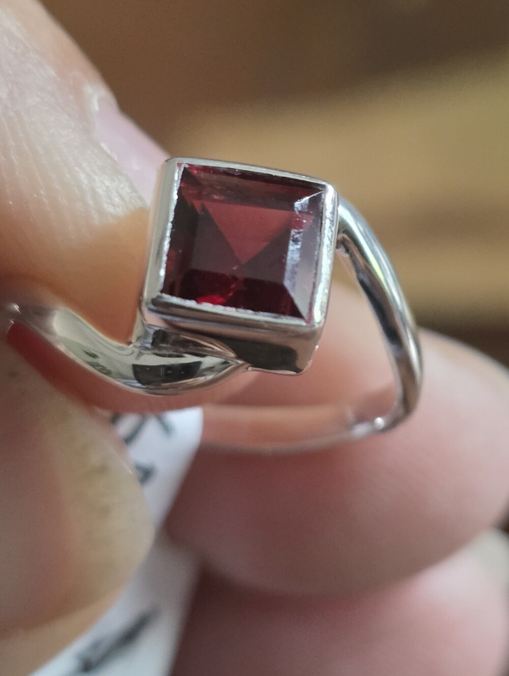 Sterling Silver Red Square Garnet Ring